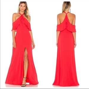 Privacy Please Bennette Maxi Dress Halter Leg Slit Ruffle Off Shoulder Coral